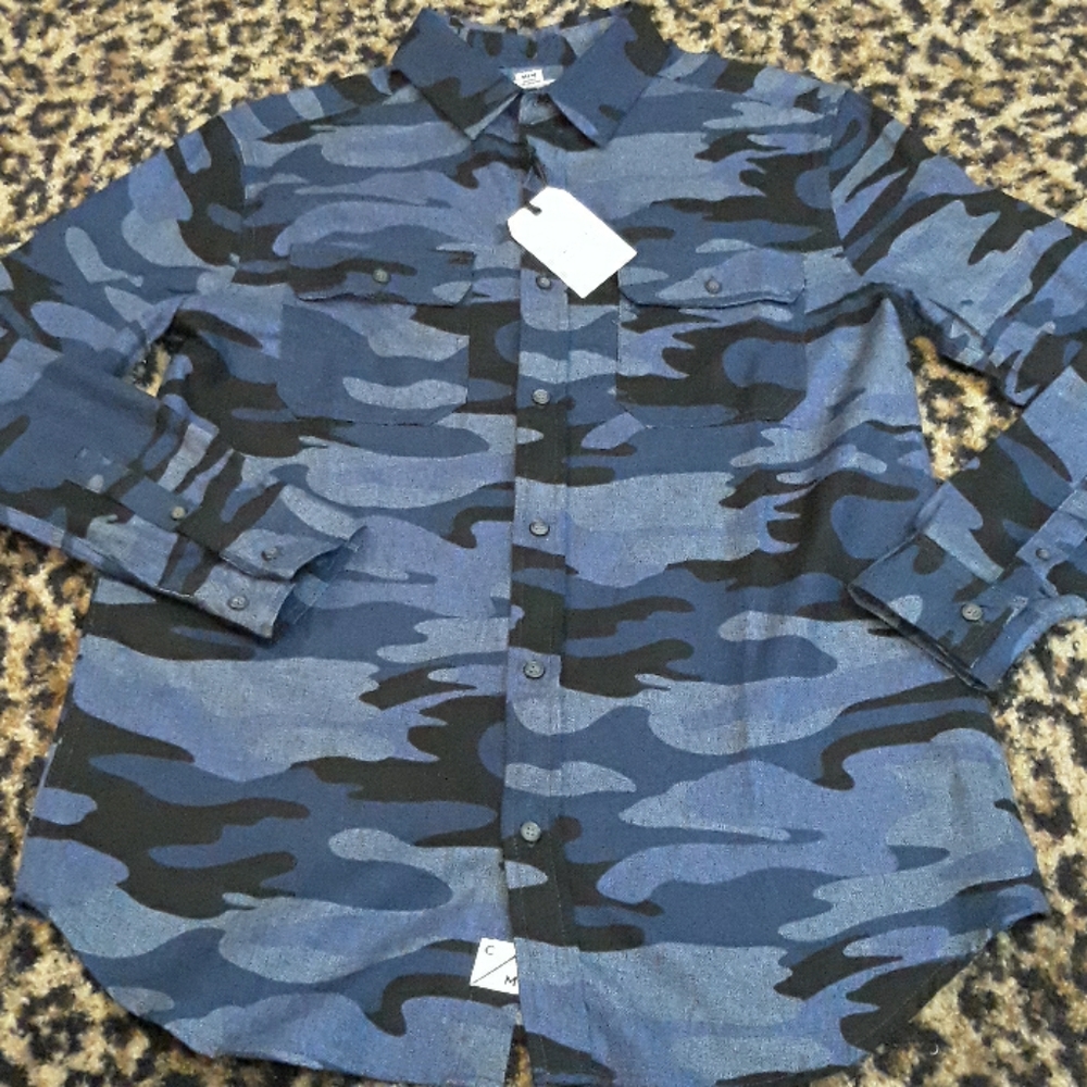 COMO Man CARGO Cotton Button front SHIRT jacket layer CAMOUFLAGE BLUE MENS NEW M - Picture 3 of 5